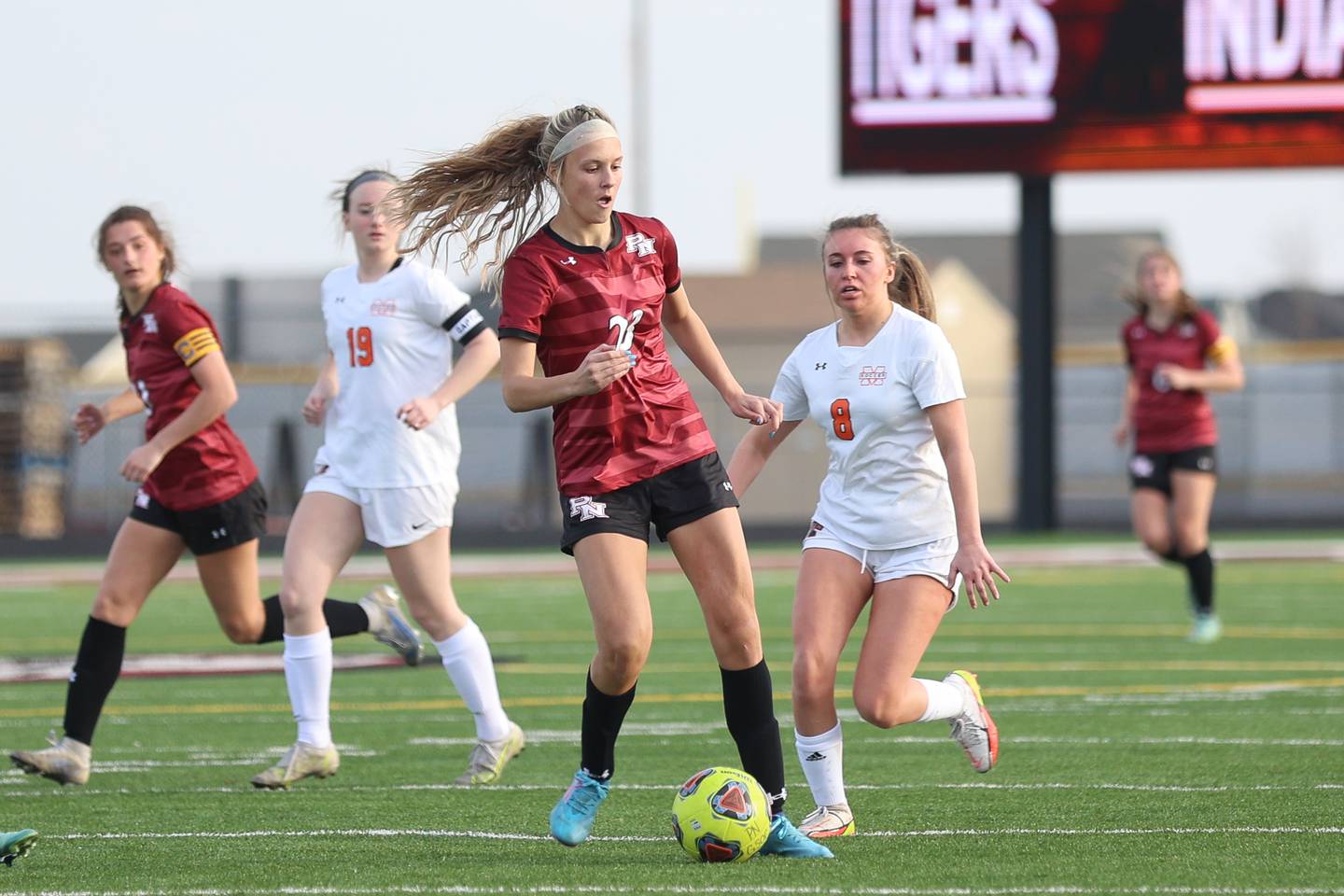 Plainfield North’s Tessa Fagerson works the ball against Minooka. Monday, Mar. 14, 2022, in Plainfield.