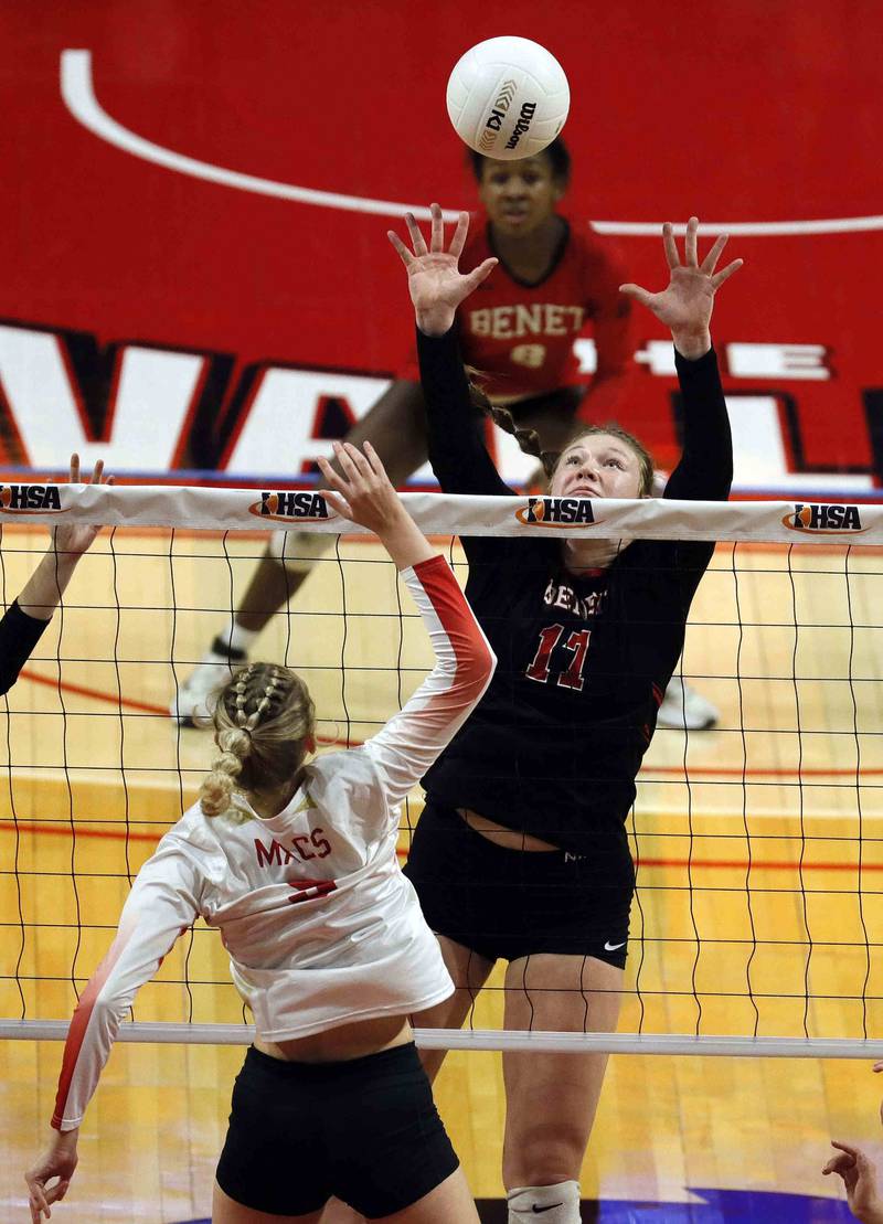 Benet’s Ellie Stiernagle (11) during the IHSA Class 4A girls volleyball state title game between Benet Academy and Mother McAuley Saturday November 12, 2022 at Redbird Arena in Normal.