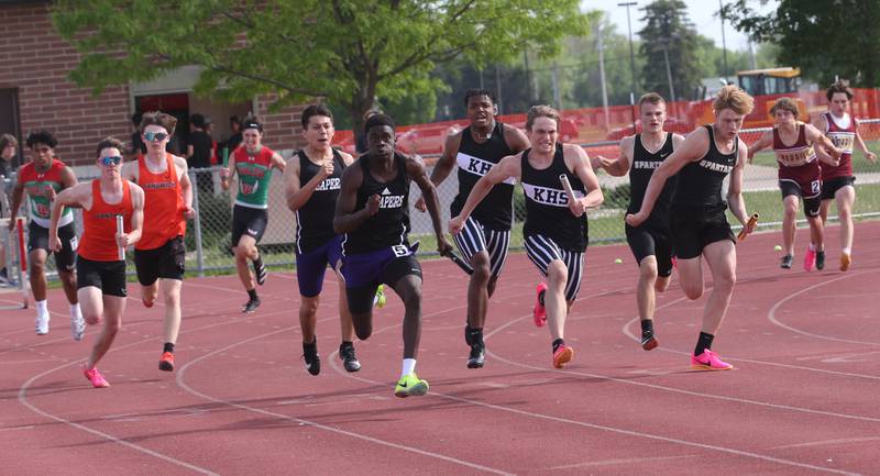 Student athletes from L-P, Sandwich, Plano, Kaneland, Sycamore, and Morris compete in the 4x100 meter relay during the I-8 Boys Conference Championship track meet on Thursday, May 11, 2023 at the L-P Athletic Complex in La Salle.