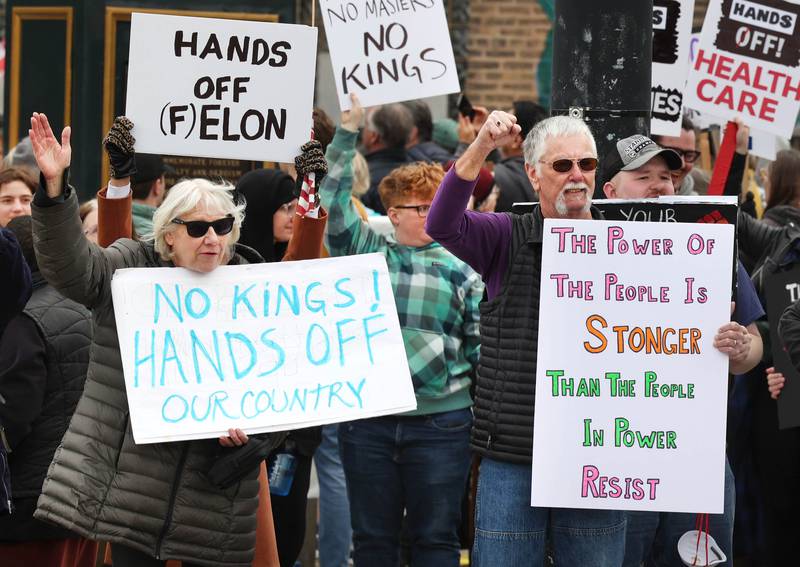 Protesters cheer as passing vehicles honk their horns Saturday, April 5, 2025, as hundreds of people assembled for a Hands Off! rally at Memorial Park on the corner of First Street and Lincoln Highway in DeKalb. The group gathered to protest against various policies of President Donald Trump and his administration.
