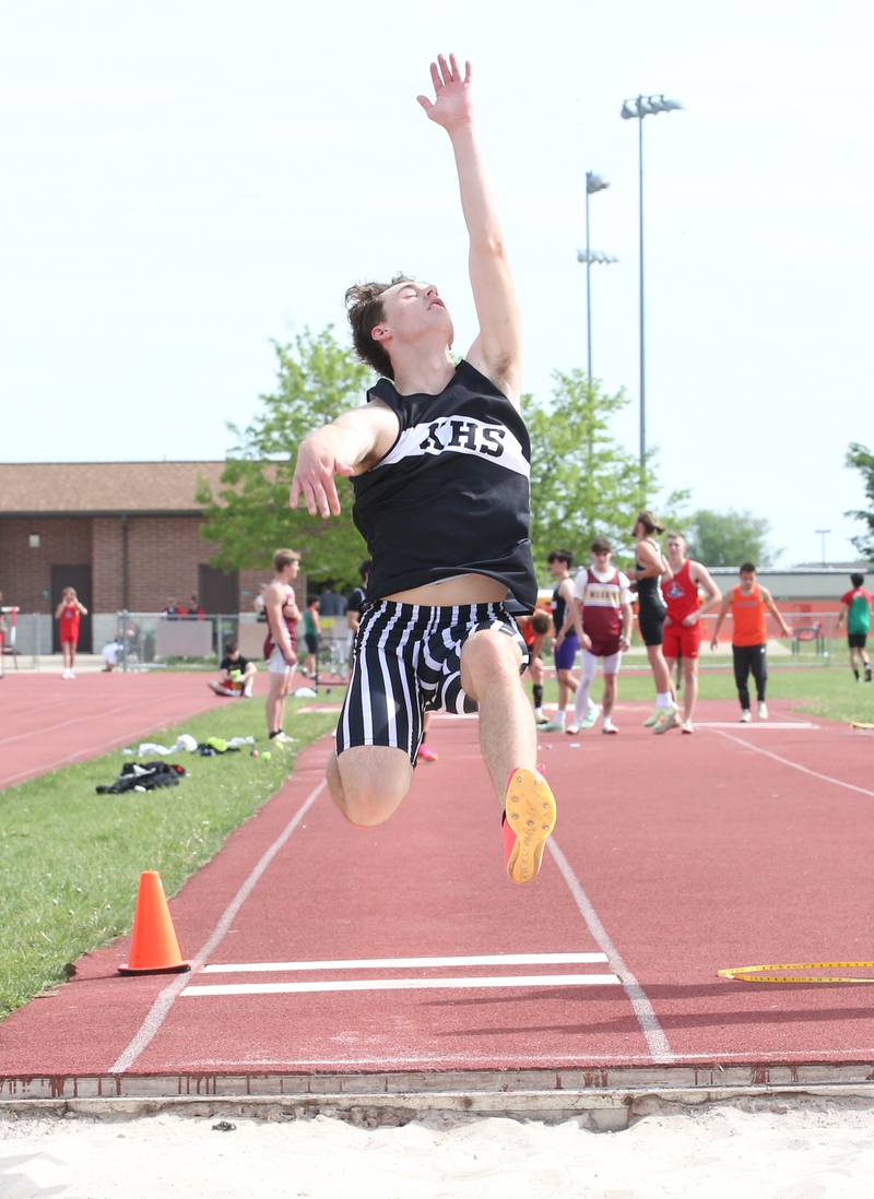 Kaneland's Logan Eahlers does the long jump during the I-8 Boys Conference Championship track meet on Thursday, May 11, 2023 at the L-P Athletic Complex in La Salle.