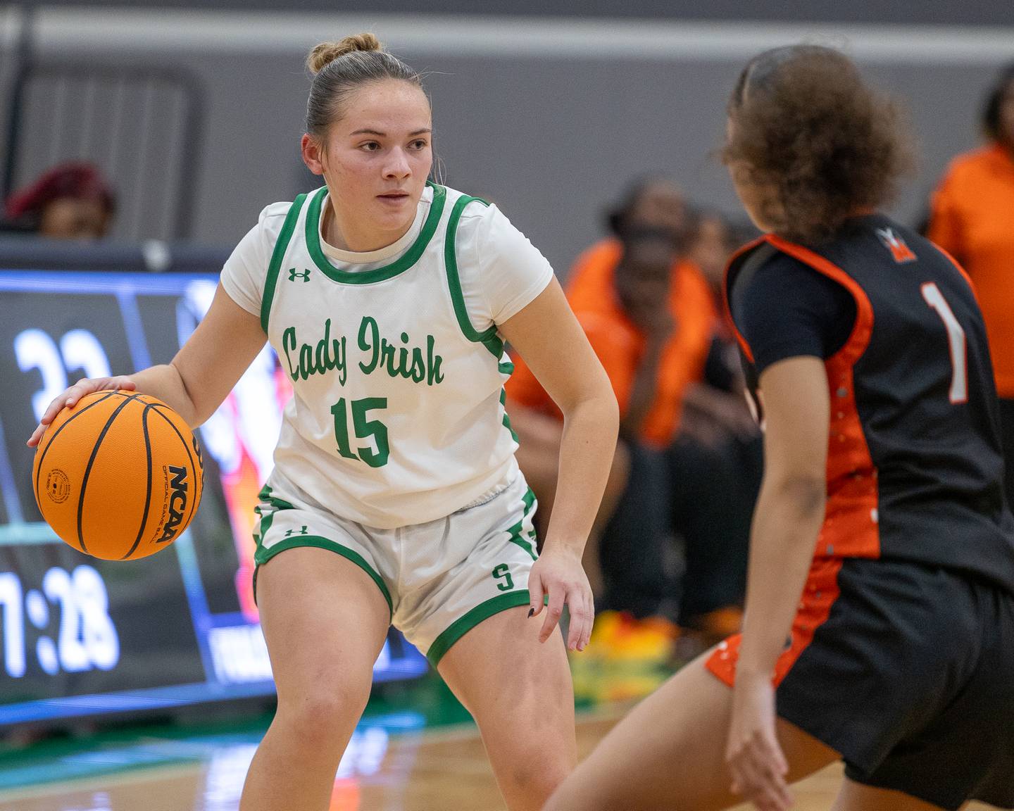 Kylee Rowley (15) of Seneca dribbles ball in championship game against Peoria Manual on Saturday, November 22, 2025 at Seneca High School in Seneca.