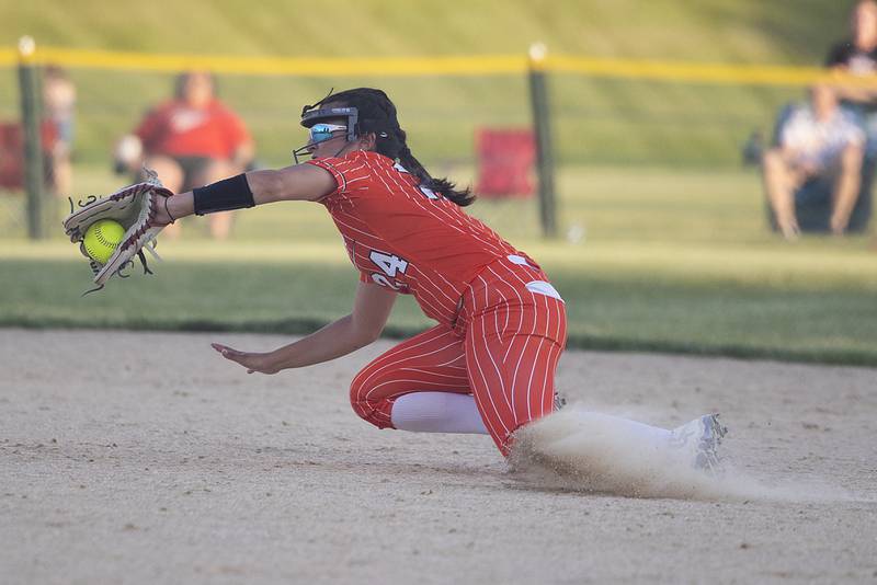 Milledgeville’s Lexis Grenoble makes a diving stop at second against Dakota Tuesday, May 26, 2026, at the Eastland Class 1A softball sectional quarterfinal.