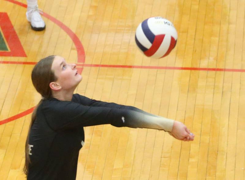 L-P's libero Karmen Piano serves the ball to Sycamore on Tuesday, Sept. 23, 2025 in Sellett Gymnasium at L-P High School.