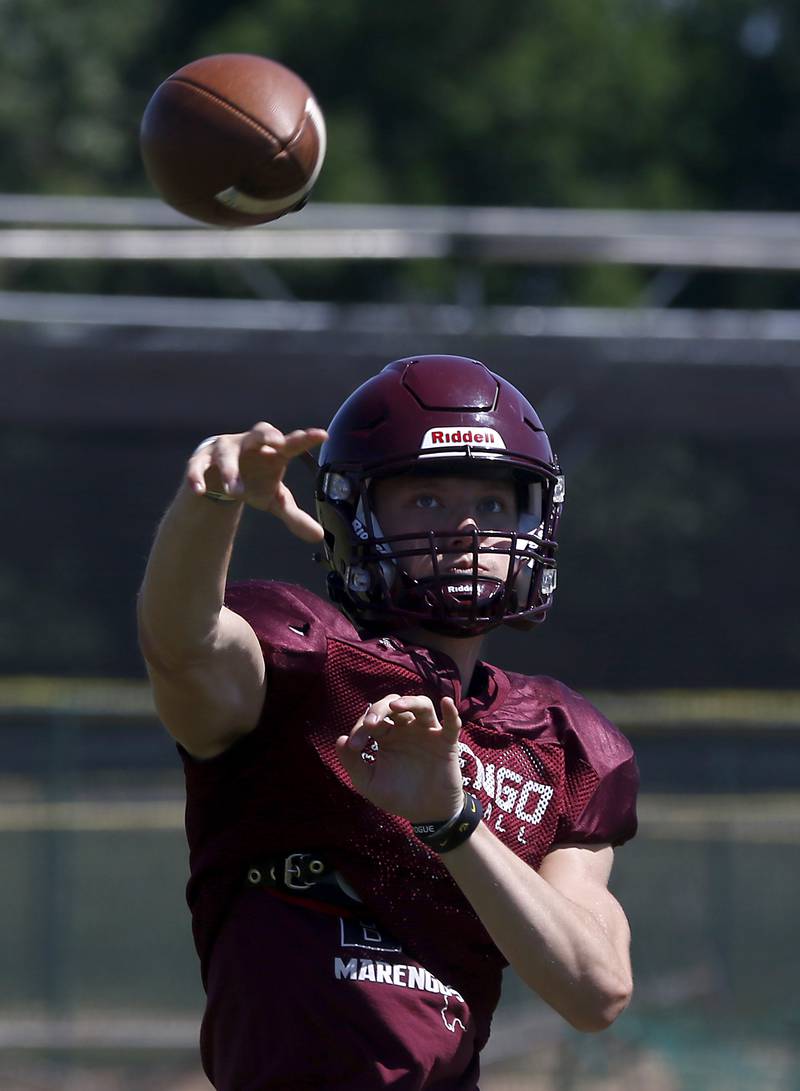 Marengo’s Josh Holst throws the ball during summer football practice Monday, June 27, 2022, at Marengo Community High School in Marengo.
