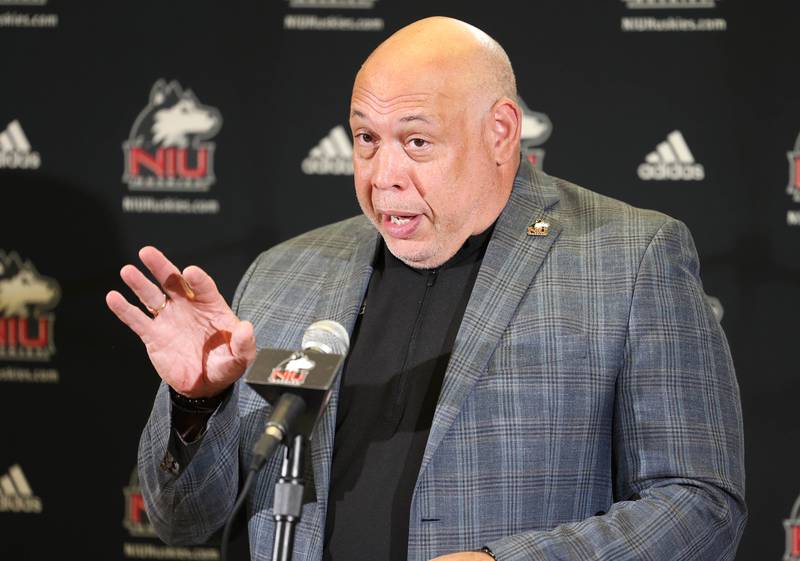 Sean Frazier, vice president and director of athletics and recreation at Northern Illinois University, talks about the issues facing college athletics Tuesday, Aug. 6, 2024, during NIU fall sports media day in the Barsema Hall of Champions at NIU in DeKalb.