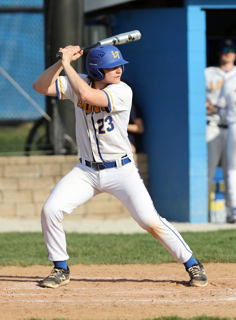 Lyons Township's Patrick Engels (23) stands in at bat during the boys varsity baseball game between Lyons Township and Downers Grove North high schools in Western Springs on Tuesday, April 11, 2023.