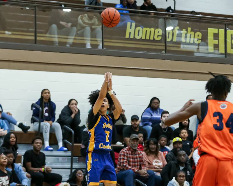 Joliet Central's Zion Kostyra (2) shoots a jump shot in the WJOL Tournament Championship game. Nov 25, 2023.
