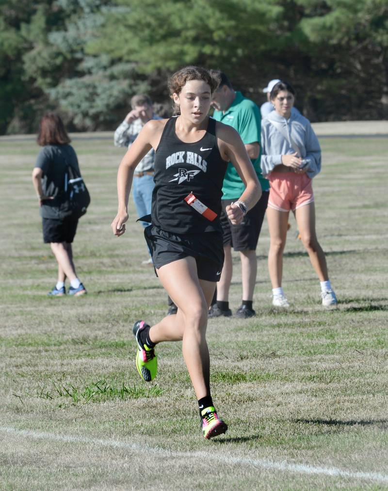 Rock Falls'  Ariel Hernandez races to the finish line at Oregon Open Cross Country Meet at Oregon High School on Saturday, Sept. 2, 2023. Hernandez finished first in the event in 20:02.