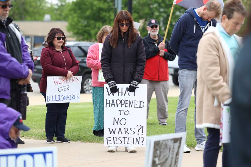 Protesters gather during the May Day Strong rally at the Kankakee County Courthouse on May 1, 2026, as part of a national day of action.