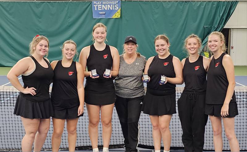 The Sauk Valley Community College women's tennis team qualified for nationals for the fourth year in a row. 

Pictured from left to right: Madison Hubbs, Chloe Coil, Lindsey Johnson, Sara Kipping, Riley Dunn, Emma Oswalt, Joy Zigler.