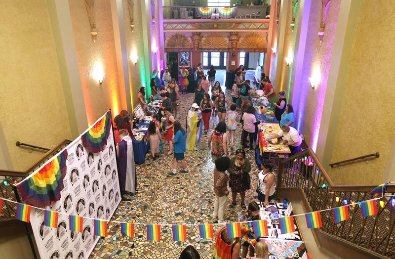 The foyer at the Egyptian Theatre in DeKalb starts to fill up Thursday, June 23, 2022, during an event to celebrate Pride month. The function included a short parade through downtown and a showing of the movie “Tangerine,” with a panel discussion afterwards at the theatre.