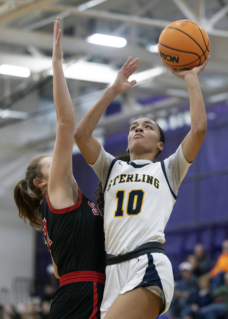 Sterling’s Nia Harris puts up a shot against Stillman Valley Friday, Dec. 27, 2024, during the Dixon Girls KSB Holiday Basketball Classic.