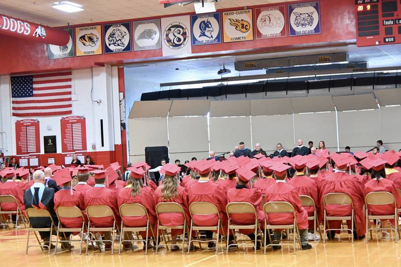 Streator Township High School graduates listen to Superintendent Scott Cameron during thier Commencement ceremony on Sunday, May 18, 2025 at Streator Township High School.