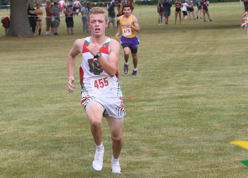 L-P's Carter Lester races toward the finish line as Mendota's Hector Gonzalez runs behind during the Gary Coates Invitational cross country meet on Saturday, Sept. 13, 2025 at Zearing Park in Princeton .