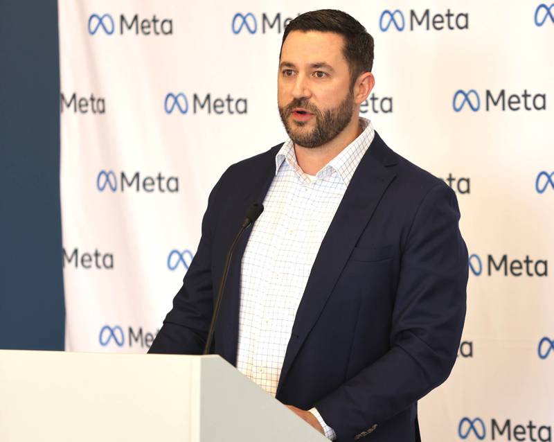 Stefan Kasan, infrastructure construction manager and site lead at Meta, speaks during an event Wednesday, April 27, 2022, at the Meta DeKalb Data Center. Meta announced Wednesday that they will be expanding the Meta DeKalb Data Center by three new buildings. Once completed, the nearly 2.4 million-square-foot data center will represent an investment of over $1 billion and will support more than 200 operational jobs.