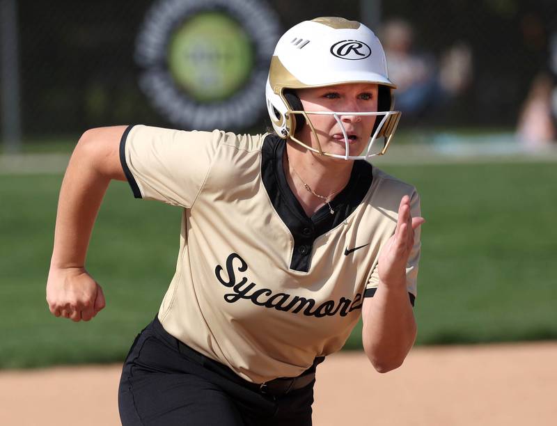 Sycamore's Addison Armstrong heads for third during their game Wednesday, May 7, 2025, at Kaneland High School in Maple Park.