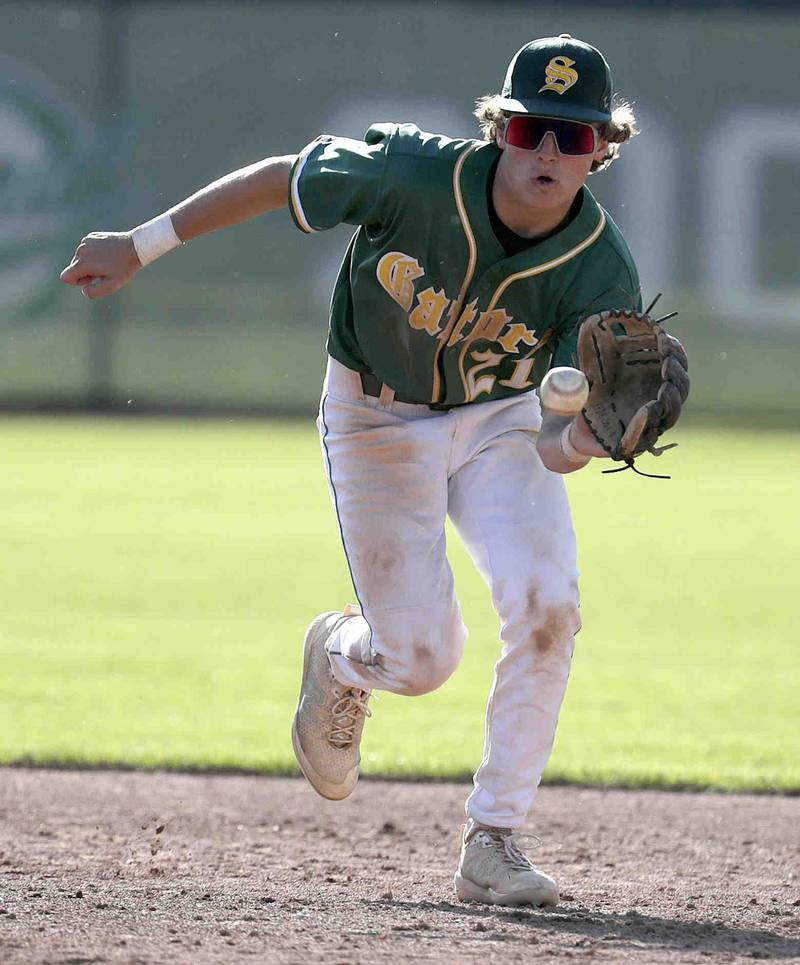Crystal Lake South's Dayton Murphy picks up a grounder during the IHSA Class 3A sectional semifinals, Thursday, June 2, 2022 in Grayslake.