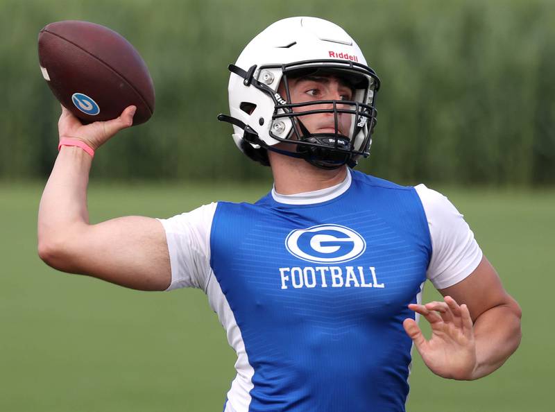 Geneva quarterback Tony Chahino throws a pass Tuesday, July 16, 2024, during their matchup with Kaneland in the Kaneland 7-on-7 at the school in Maple Park.