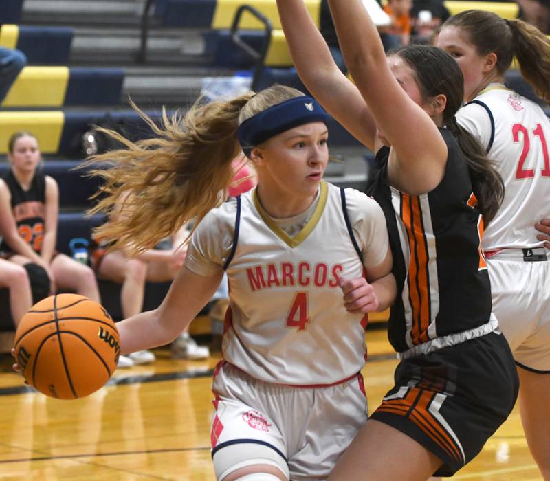 Polo's Camrynn Jones drives to the basket against Milledgeville on Saturday, Jan. 24, 2026 at Polo High School.