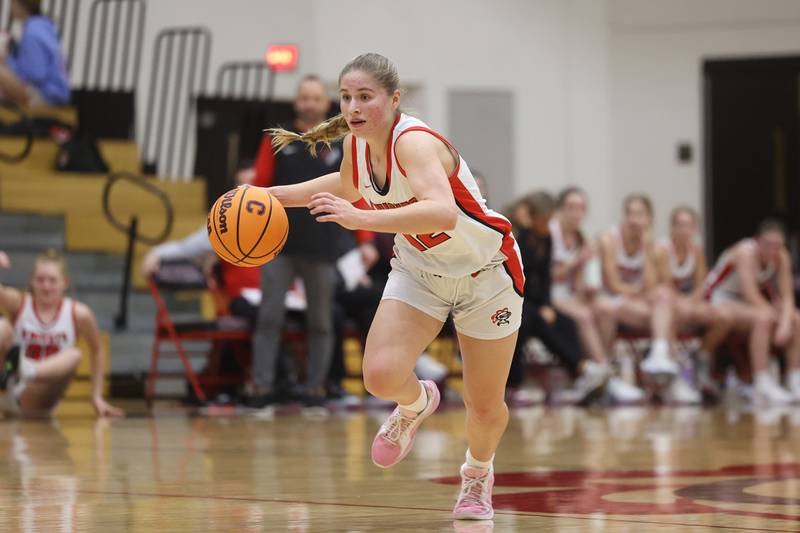 Lincoln-Way Central’s Brooke Katzmann drives to the paint against Lincoln-Way West on Tuesday, Jan 28, 2025 in New Lenox.