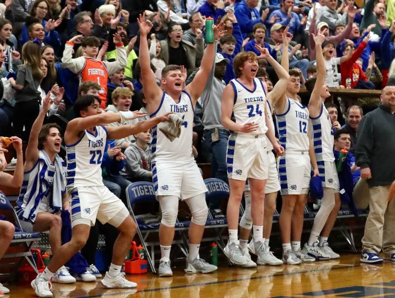 The Princeton bench celebrates a Tiger basket during Friday's 80-32 win over Newman at Prouty Gym. The Tigers clinched their first conference championship in 13 years by going 12-0 in the Three Rivers East