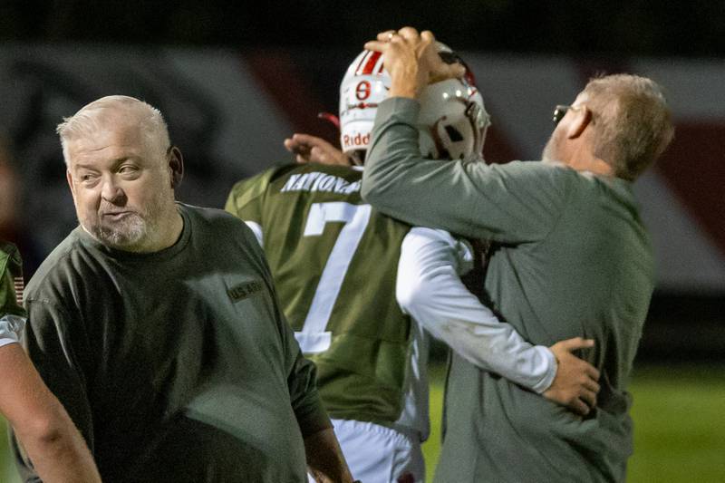 Matt Williamson of Streator gets congratulated by coach after touchdown on Friday, October 4, 2024 at Streator high school in Streator.