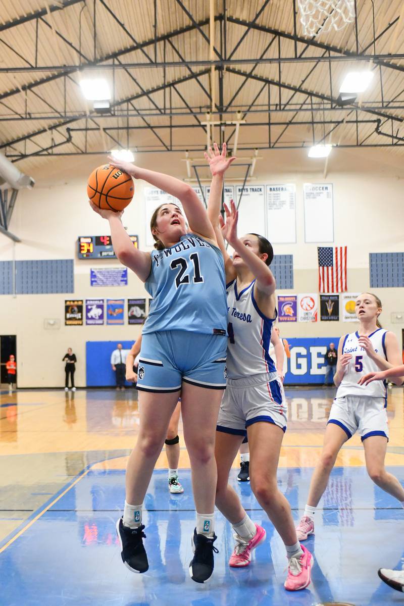Cissna Park's Lauryn Hamrick hits a layup during the Timberwolves' 47-35 victory over St. Teresa in the IHSA Class 1A Blue Ridge Super-Sectional on Monday, March 3.