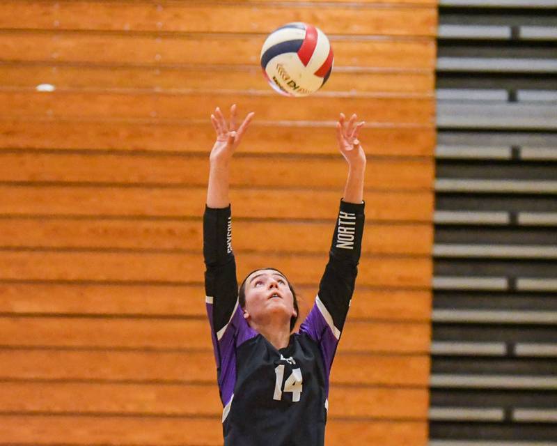 Downers Grove North's Ellery Cabaj (14) sets the ball during the game on Tuesday Oct. 22, 2024, while traveling to take on York High School in Elmhurst.