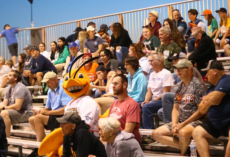 Southclaw Sam, the official mascot of the Illinois Valley Pistol Shrimp, sits with fans during the home opener against Rex Baseball on Thursday, June 2, 2022 at Veterans Park in Peru.