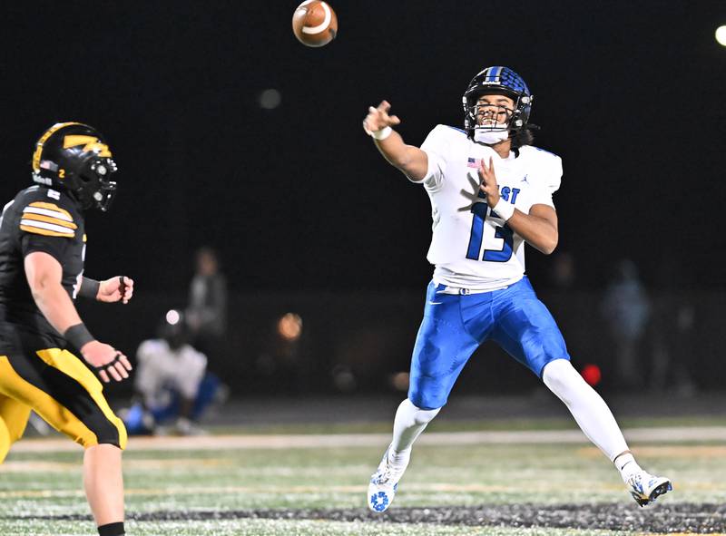 Lincoln Way East's quarterback Jonas Williams throws a pass during a non-conference game against Andrew on Friday, Oct. 18, 2024, at Tinley Park. (Dean Reid for Shaw Local News)