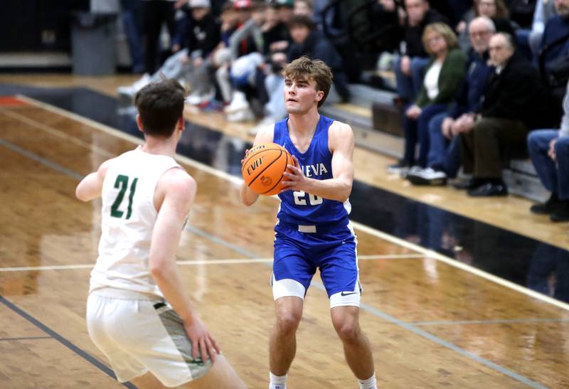 Geneva’s Jack Hatton shoots the ball during the Class 4A St. Charles East Sectional final against Glenbard West on Friday, March 7, 2025 in St. Charles.