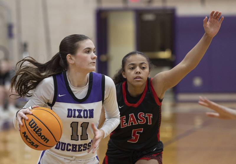 Dixon’s Kiley Gaither looks to make a play against Rockford East Monday, Feb. 16, 2026.