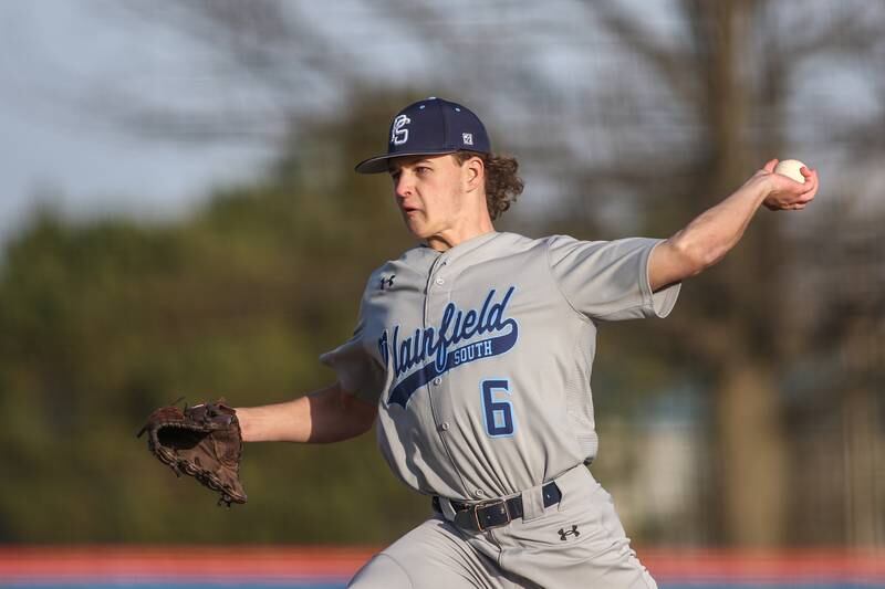 Plainfield South's Tyler Lovell (6) delivers a pitch during baseball game between Plainfield South at Oswego on Monday, April 14, 2025 in Oswego.