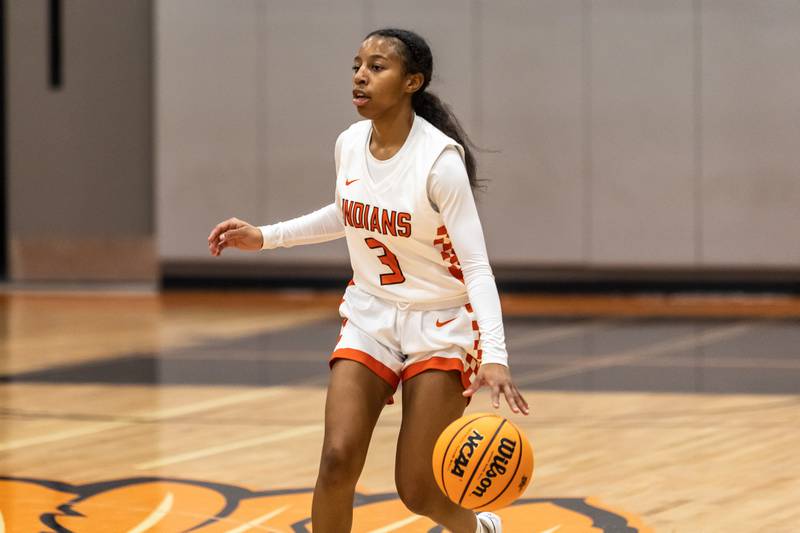 Minooka's Kendall Thomas takes control of the ball during a WJOL Girls Basketball Tournament game against Joliet Central at Minooka on Nov. 19, 2025