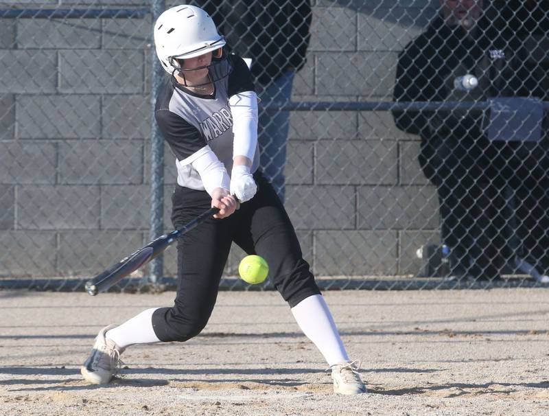 Woodland/Flanagan-Cornell's Ella Derossett gets a hit against St. Bede on Tuesday, April 8, 2025 at Woodland High School.