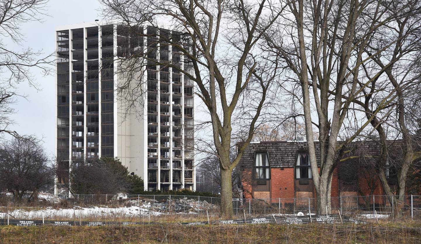 The main tower is mostly all that is left of the former Pheasant Run Resort in St. Charles. A small section of a smaller structure, right, remains to the south of the tower  on Monday, Jan. 29, 2024.