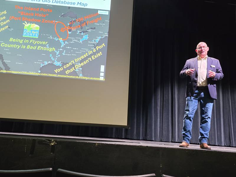 Robert Sinkler speaks Thursday, March 27, 2025, during Putnam County Rotary's Ag Night about the Illinois Waterway Ports Commission.