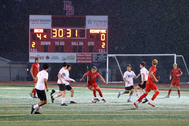 Bradley-Bourbonnais' Brayden Watters (5) dribbles through the midfield during the Boilermakers' 9-0 victory over Bishop McNamara in an All-City match up on Wednesday, Sept. 3, 2025.