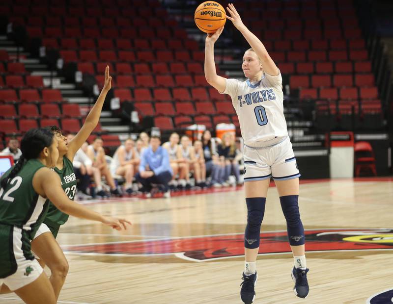 Cissna Park's Addison Lucht shoots a jump shot over St. Edward's Ginger Younger during the Class 1A third place game on Friday, March 7, 2025 at CEFCU Arena in Normal.