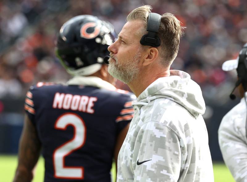Chicago Bears head coach Matt Eberflus is frustrated after taking a time out during their game against the New England Patriots Sunday, Nov. 10, 2024, at Soldier Field in Chicago.