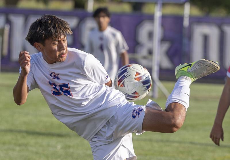 Genoa-Kingston’s Chris Fuentes handles the ball against Dixon Tuesday, Sept. 2, 2025.