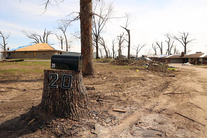 A makeshift mailbox in the Oakwoods subdivision in Aroma Township is shown on April 8, 2026, nearly one month after the EF-3 tornado.
