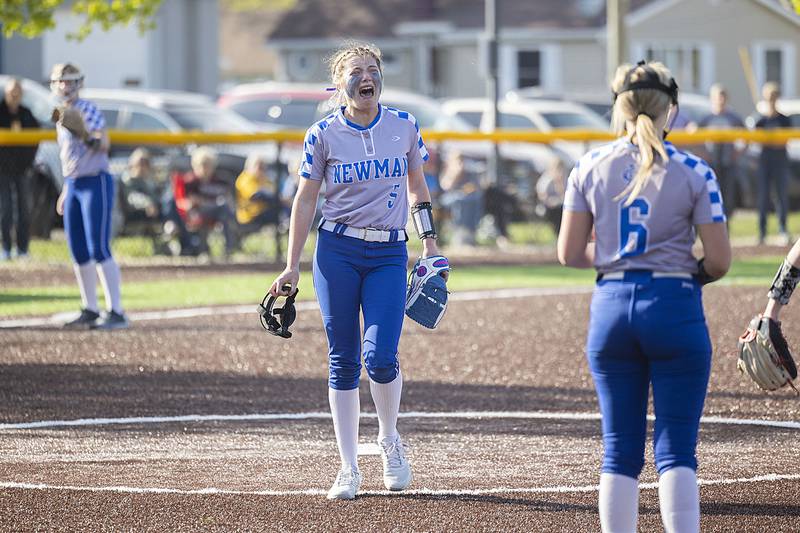 Newman’s Ady Walsdchmidt reacts to be hit by a batted ball while on the mound against Sterling. Thursday, April 27, 2023. Walsdchmidt came out of the game after.