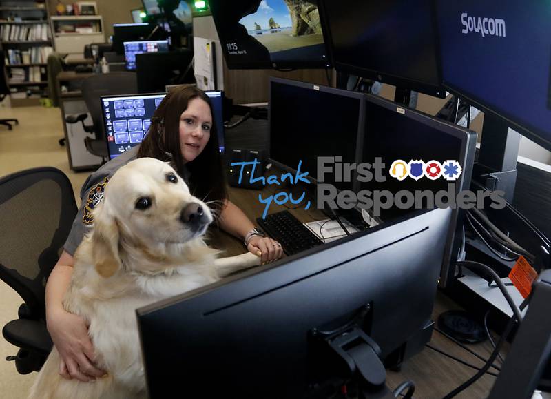 Northeast Regional Communications Center dispatcher Tracy McNamara, with Oakley, inside the center on Tuesday, April 16, 2024.