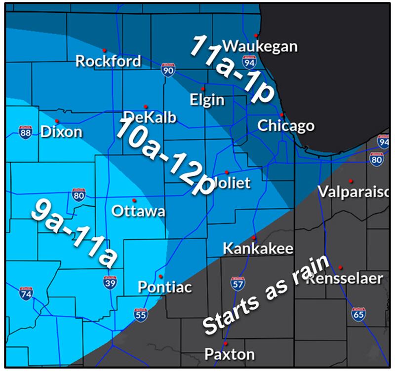 A revised winter storm map issued by the National Weather Service shows the arrival times of a New Year's Day storm on Saturday.