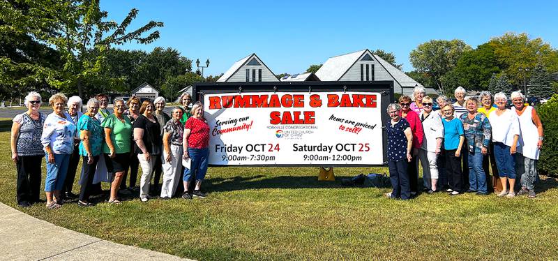 Members of the J.O.Y. Circle at Yorkville Congregational Church who are getting ready for the fall rummage and bake sale this on Oct. 24 and Oct. 25. Pictured are Peg Trumble, June Davis, Mary McCracken, Jill Mickelson, Pastor Elizabeth Hartung, Laurie Houle, Sue Kimes, Lark Willman, Nancy Kolowski, Ellie Gentile, Nancy Modery, Pam Hamblin, Goldie Behrens, Sandy Lindblom, Julie Kline, Sandy DeRidder, Connie Pierrepont, Linda Melhouse, Gail Gaebler, Diane Dillow, Joanne Vitek, Mary Ann Doetschman and Jo Pierce.