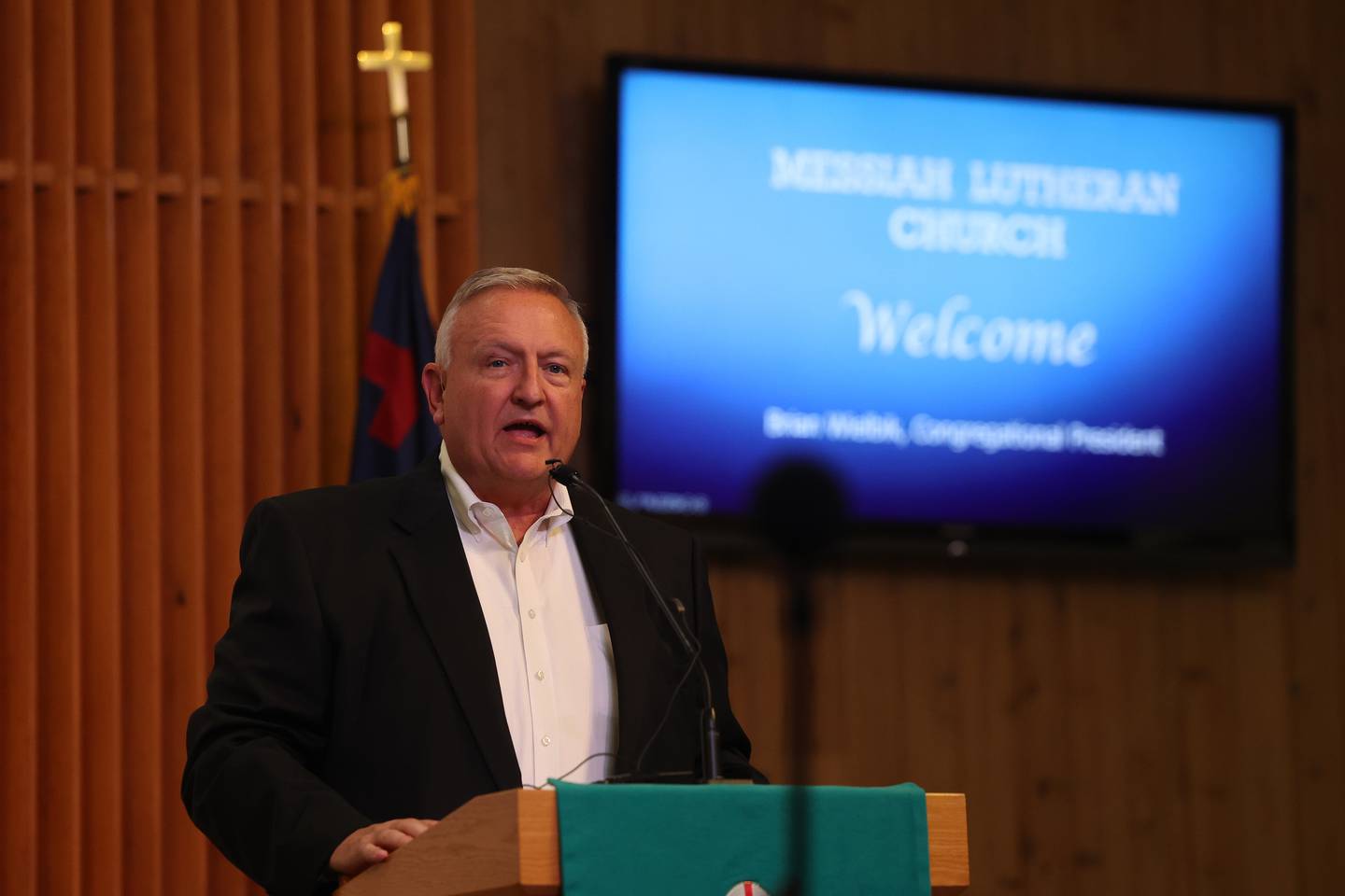 Messiah Lutheran Congressional President Brian Wielbik speaks at a press conference on Thursday, Sept. 7, 2023 at the church in Joliet. As a result of a lawsuit by the Security and Exchange Commission for fraudulent financial dealings by a local company, Messiah Lutheran is required to pay back $487,000 of the $780,000 that was donated over a 10-year period to the church by this local business.