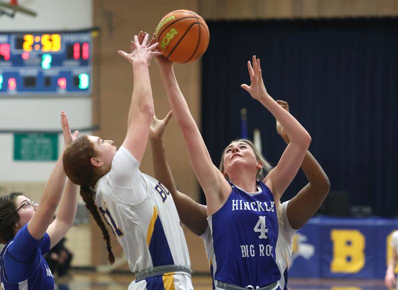 Somonauk/Leland’s Ella Roberts and Hinckley-Big Rock's Amelia Michels go after a rebound during their game Thursday, Jan. 15, 2026, at Somonauk High School.