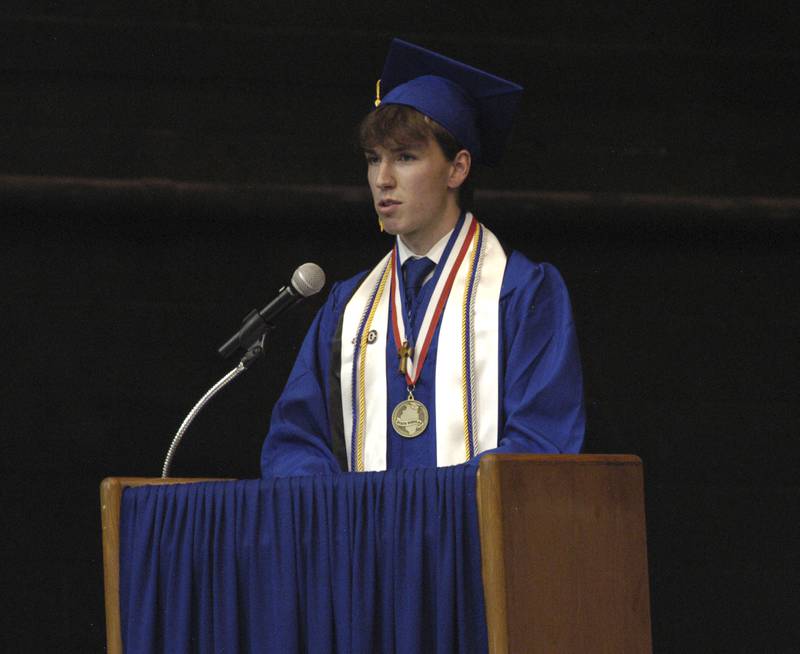 Ryan Welty addresses his class. The Newman High School Class of 2026 Commencement Ceremony was held on Wednesday, May 20, 2026, at Newman Central Catholic High School. in Sterling.